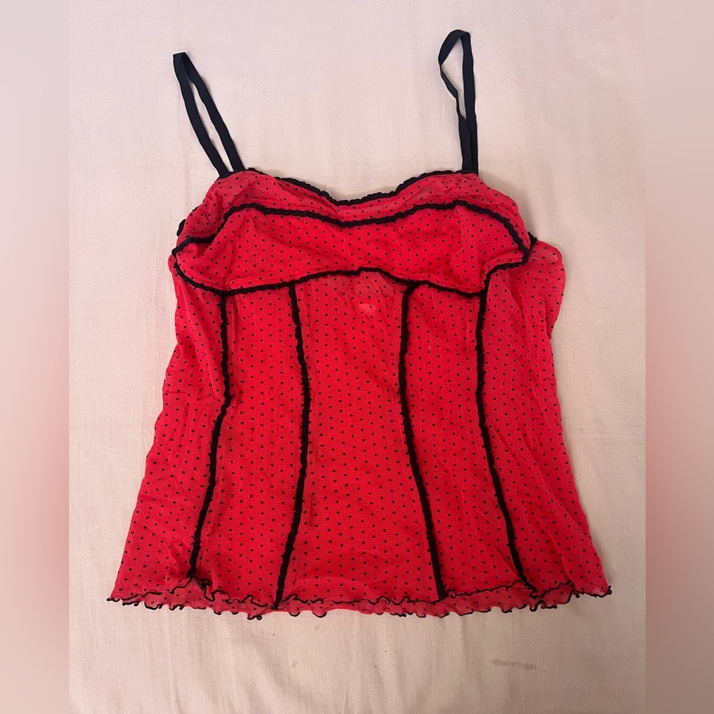 Victoria Secret Red and Black Polka Dot Ladybug Mesh Ruffle Trim Camisole